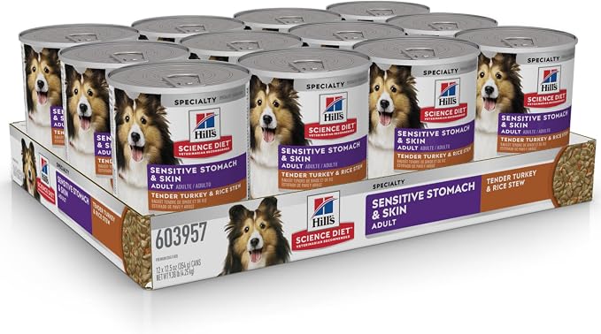Hill's Science Diet Adult Sensitive Stomach & Skin Wet Dog Food, Turkey & Rice, 12.5 oz. Cans, 12-Pack