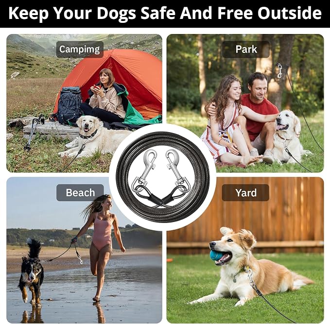jenico Dog Tie Out Cable: 25ft Dog Leads for Yard Heavy Duty - Reflective Chain Leash for Outside Small Large Dogs Up to 125lbs Outdoor Runner Camping