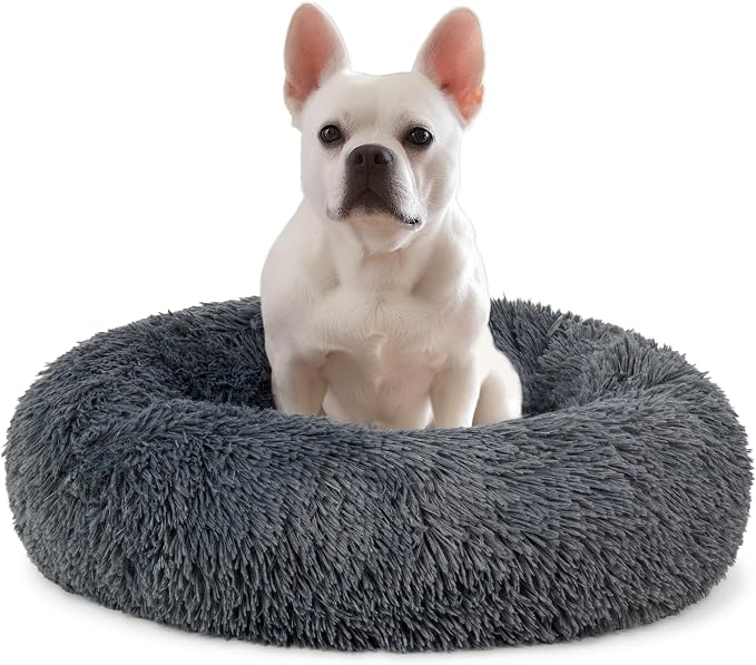 PetAmi Calming Dog Bed for Small & Medium Dogs, Cats & Puppy, Warming Round Donut Cuddler Bed, Anti-Anxiety Fluffy Shaggy Faux Fur Pet Bed, Machine Washable, Non-Slip Bottom, 23 Inch - Dark Gray