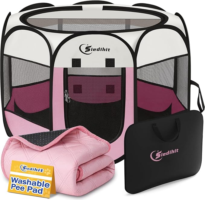Siedihit Dog Cat Playpen, Puppy Pet Playpen Indoor for Small Dog Crate Tent Cage Outdoor, Portable Pop Up Dogs Enclosure Kennel with Carrying Case for Dogs/Cats/Rabbits(Pink, Small with pad)