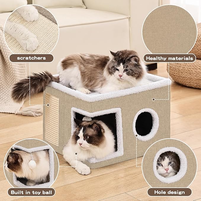 Cat Beds for Indoor Cats Houses, Large Cat Cave with Fluffy Ball and Scratch Pad, Foldable Cat House with Hideaway Tent for Kitten, 16x16x13inch, Khaki