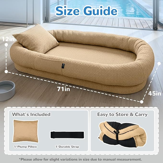 YAEM Cooling Human Dog Bed, 71"x45"x12" Breathable Human Size Dog Bed for Adults, Waterproof Giant Pet Beds with Washable Cover & Non-Skid Bottom, Dune Brown