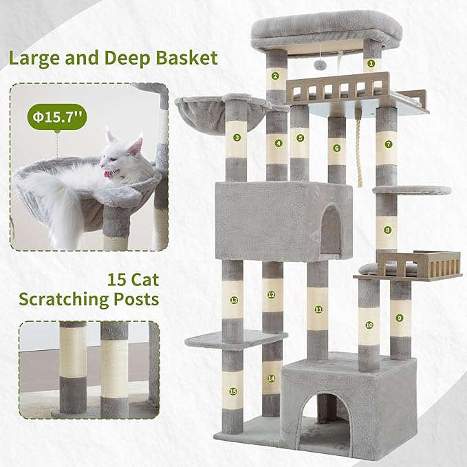 Gitelsnour Maine Coon Cat Tree, Heavy Duty Cat Tree for Indoor Cats Large Adult, Cat Tower for Large Cats 20 lbs+ with Hammock, 2 Big Perches, 2 Cat Condos, 15 Scratching Posts, Light Gray GCT033W