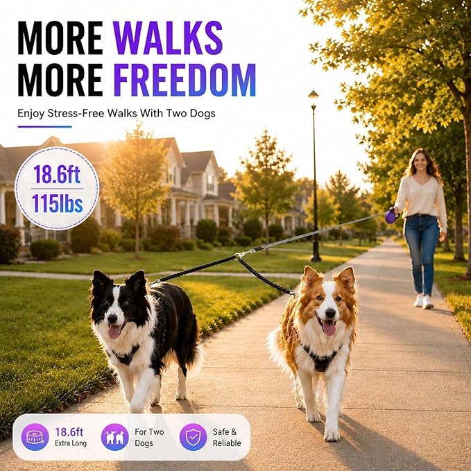 Double Retractable Dog Leash for Two Dogs Up to 50 lbs - 16 ft Coupler Leashes for Small Medium Dogs - One Locked System, Non Slip Grip, Tangle Free (Purple)