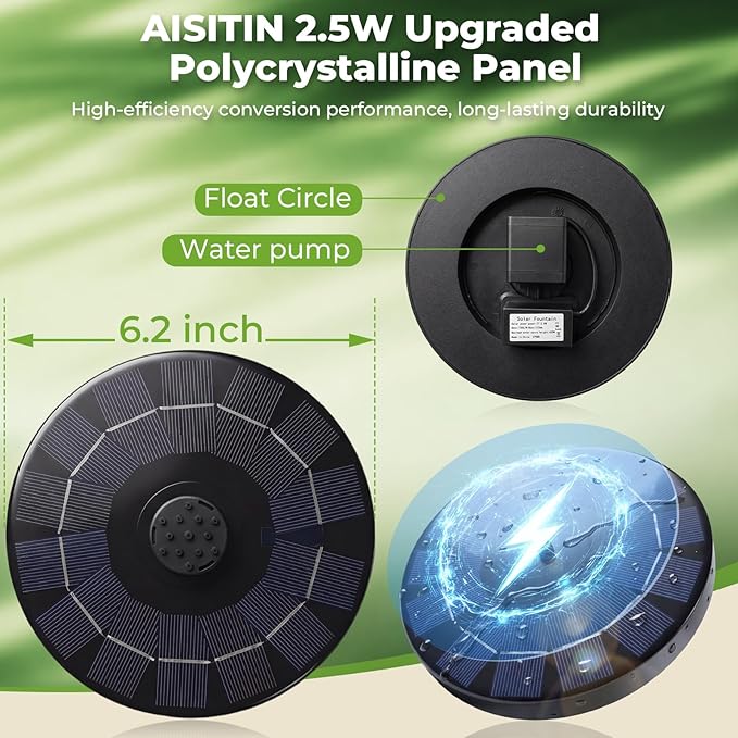 AISITIN Solar Fountain, 2.5W Solar Water Fountain Pump with 6 Nozzles & 4 Tube Supports, 6.7" Solar Powered Fountain for Garden, Pond, Pool, Fish Tank, Aquarium Outdoor
