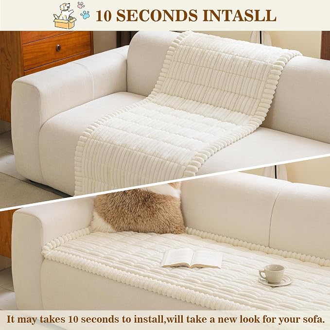 MYSKY HOME Couch Covers for Sofa, L Shaped Couch Cover, Couch Cover for Dogs, Sofa Covers for Pets Washable, Non Slip Sofa Slipcovers, Leather Sofa Cover Sectional Couch Covers, Cream, 27.6" x 70.9"