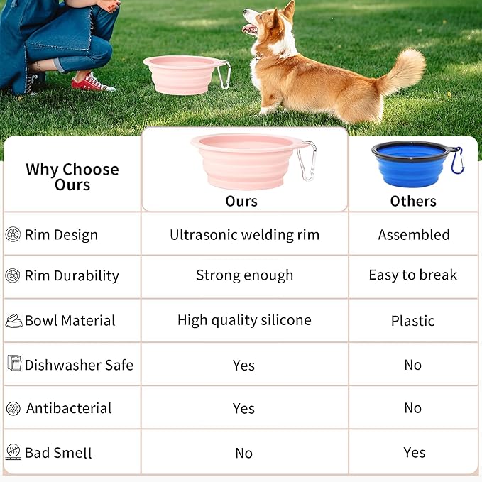3 Pack Collapsible Dog Bowls,Pet Bowls with Pet Poop Bag Dispenser Set,Portable Silicone Travel Dog Bowls for Walking,Hiking,Camping,Outdoor Travel(Pink&Green)