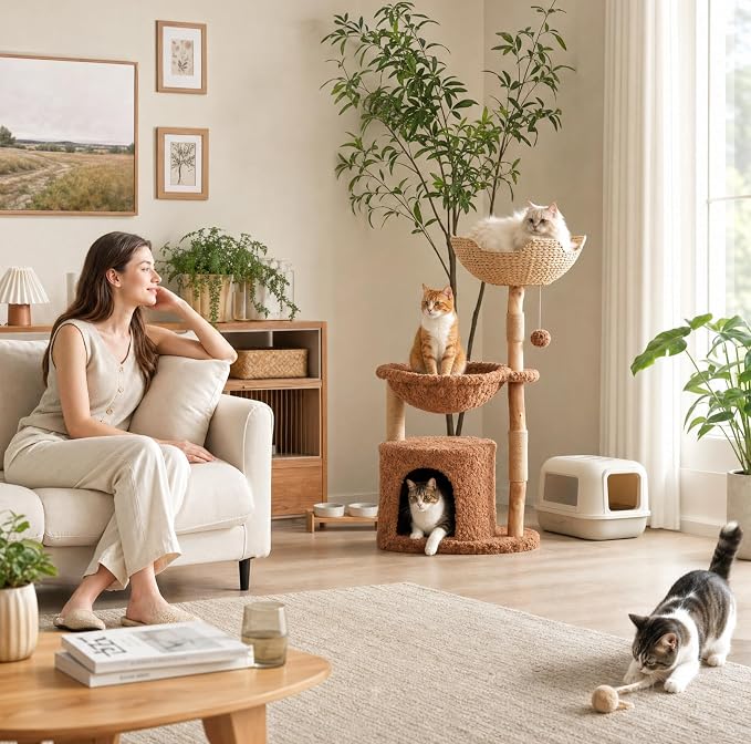 MUTTORS Modern Cat Tree for Indoor Cats, 40 Inches Natural Solid Wood Cat Tower for Large Cats, Aesthetic Cat Furniture with Top Rattan Basket, Hammock & Scratching Post, Brown
