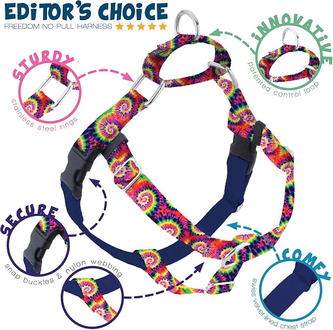 2 Hounds Design - Freedom No-Pull Harness & Training Leash in Tie-Dye | Dual Leash Loops, No Pulling on Walks | Lined to Prevent Chaffing | for Large Sized Dogs (Size L, Chest 28”- 32”)