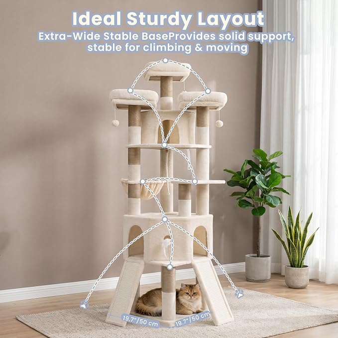 Cat Tree, 81.1-Inch Tall Heavy Duty Cat Tower with Diamond-Shaped Condo for Large Cats, Cat Furniture with 3 Wide Platforms, 2 Sisal Scratchers, Hammock & Stable Base, Beige VCT032MJ