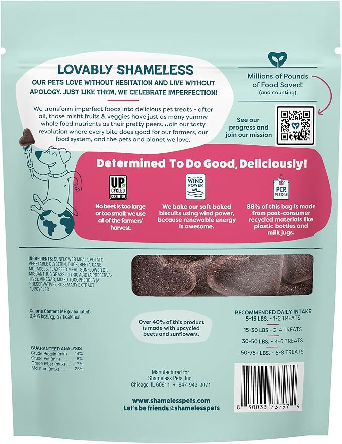 Shameless Pets Soft-Baked Dog Treats, Duck Duck Beet - Natural & Healthy Chews for Digestive Support with Fiber - Doggie Biscuits Baked & Made in USA, Free from Grain, Corn & Soy - 1-Pack