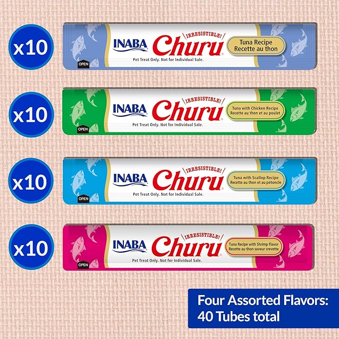 INABA Churu Cat Treats, Lickable, Squeezable Creamy Purée Cat Treat with Green Tea Extract & Taurine, 0.5 Ounces Each Tube, 40 Tubes, Tuna & Seafood Variety Box