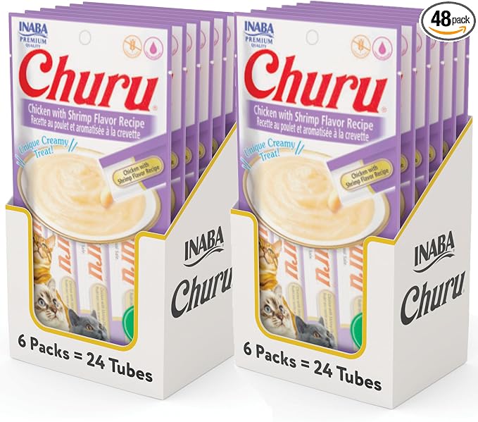 INABA Churu Cat Treats, Grain-Free, Lickable, Squeezable Creamy Purée Cat Treat/Topper with Vitamin E & Taurine, 0.5 Ounces Each Tube, 48 Tubes (4 per Pack), Chicken with Shrimp Recipe