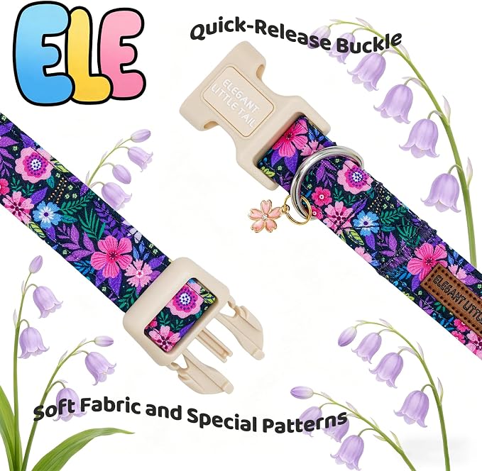 Elegant little tail Dog Collar, Pink Floral Pet Dog Collars Female Cotton Puppy Cute Summer Holiday Adjustable Pet Collar with Sturdy Quick Release Buckle for Small Medium Large Dogs