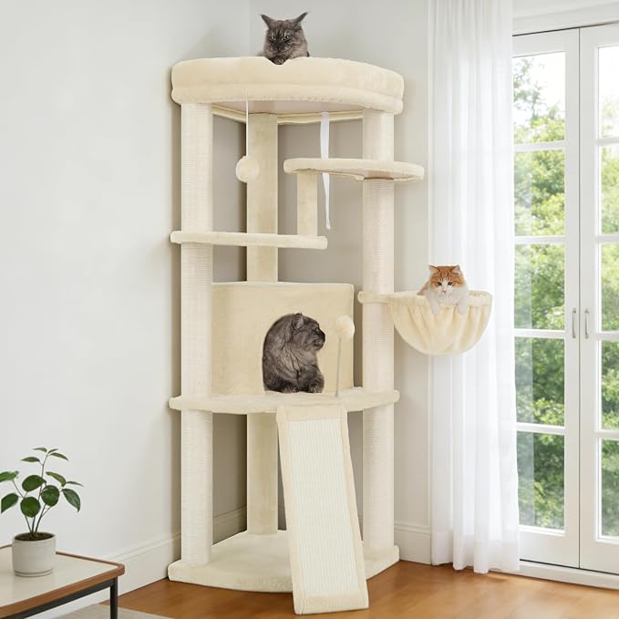 Gitelsnour Corner Cat Tree for Indoor Cats, Cat Tower with All Sisal Scratching Posts, Multi-Level Cat Condo wth Cat Cave, Large Top Perch, Hanging Basket, Sisal Scratching Ramp, Beige GCT025M