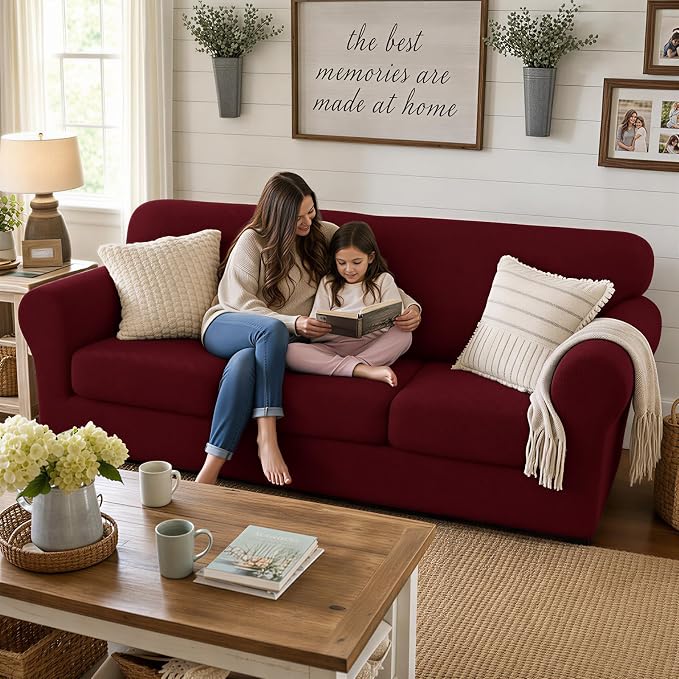 XINEAGE 2026 New 3 Pieces Couch Covers for 2 Cushion Sofa Super Stretch Loveseat Slipcover Pet Dog Universal Slip Cover Anti Slip Love Seat Furniture Protector (Wine Red, 55"-69")