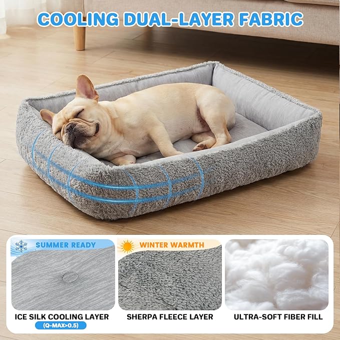 Cooling Dog Bed for Small Medium Dogs - Reversible Design (Ice‑Silk Cooling Layer | Sherpa Fleece Layer), Washable Dog Cooling Mat for Crates, Beds, Sofas 20" × 14"