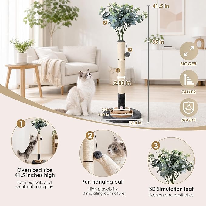 35 Inch Cat Scratching Post, Eucalyptus Sisal Rope Cat Tree Tower with Hanging Ball & Interactive Mouse Toy, Durable Scratcher for Indoor Adult Cats