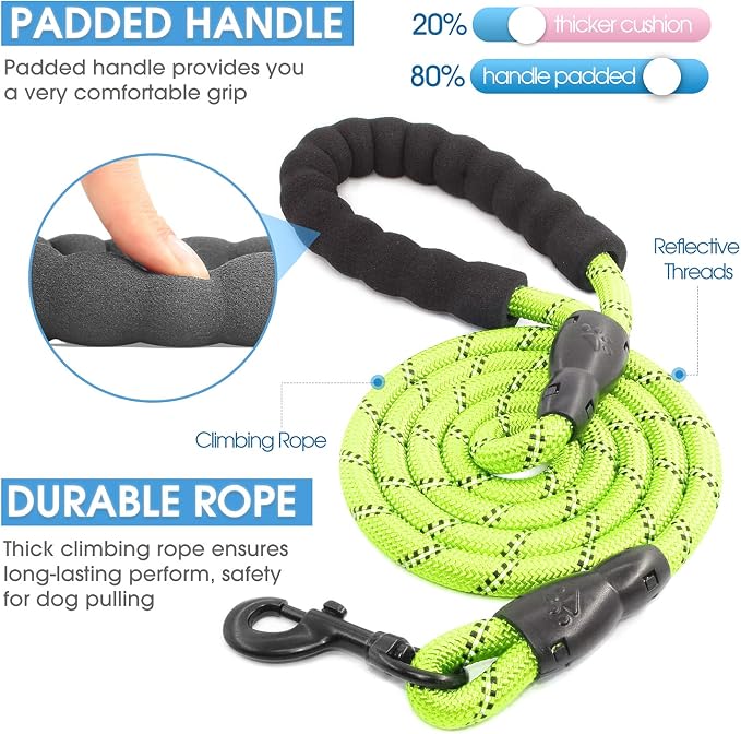 BAAPET 2/4/5/6 FT Dog Leash with Comfortable Padded Handle and Highly Reflective Threads for Small Medium and Large Dogs (5FT-1/2'', Green)