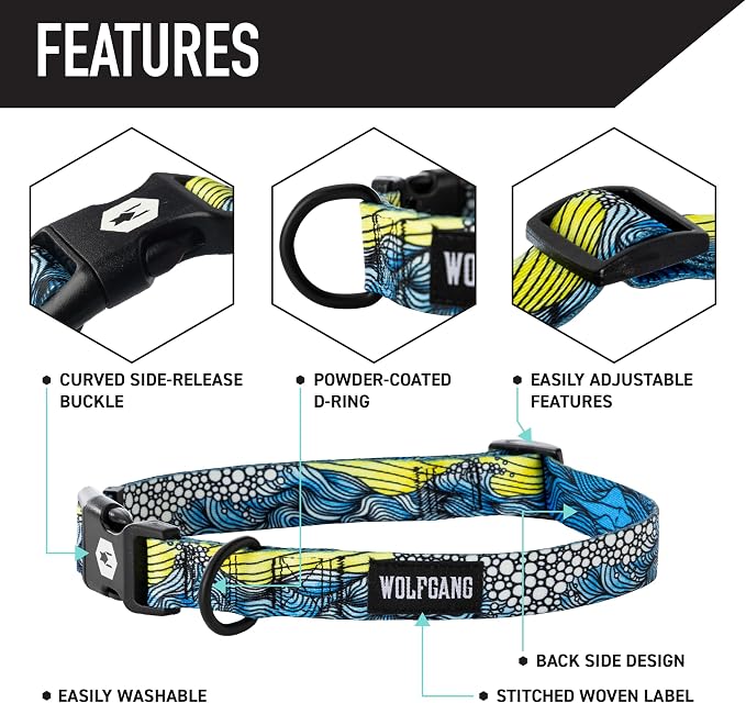 Wolfgang Heavy Duty, Adjustable Dog Collar with Quick Release Nylon Buckle for Walking & Training, DawnPatrol Print, Medium