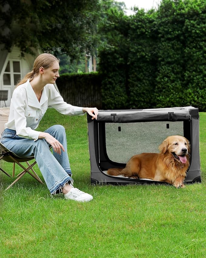 Veraste 33" L x 25" W x 25" H Collapsible Travel Dog Crate, Portable Soft Dog Kennel for Medium Large Dogs up to 60 lbs, 4-Door Foldable Travel Crate with Durable Mesh & Storage Bag, Grey