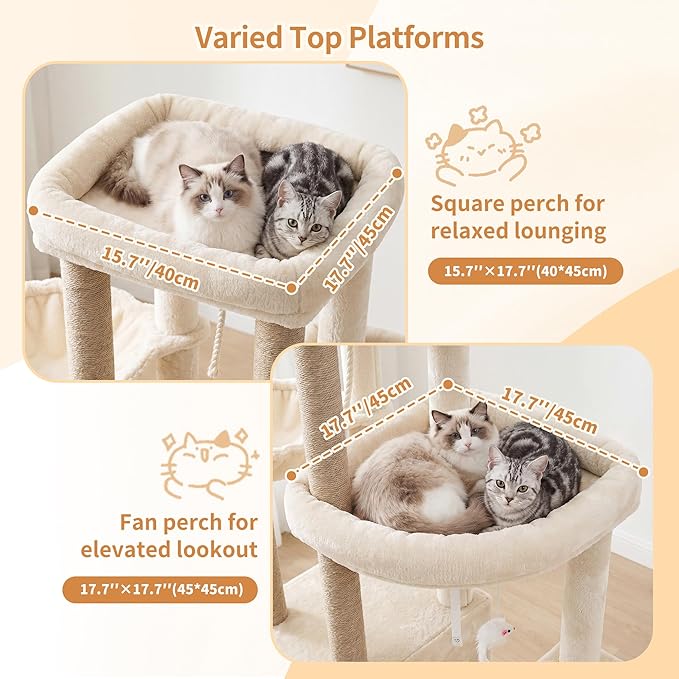 Heybly Cat Tree, 59.4" Secure Anti-Tip Cat Tower for Large Cats, Spacious Cat Furniture with Dual-Tier Cat Condo, 2 Top Perches, Hammock and Sisal Scratching Posts, Beige HCT055MJ