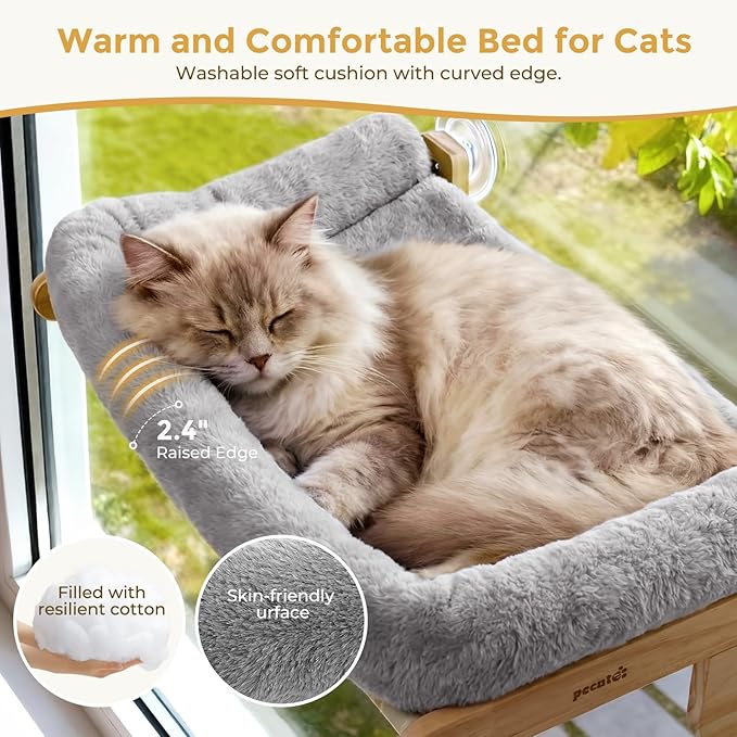 Pecute Cat Window Hammock Foldable, Space Saving Cat Window Bed with Soft Cushion, Sturdy Wood Frame Hanging Cats Lounge Seat, Collapsible Large Perch with Suction Cups for Indoor Cats(Grey, 26" L)