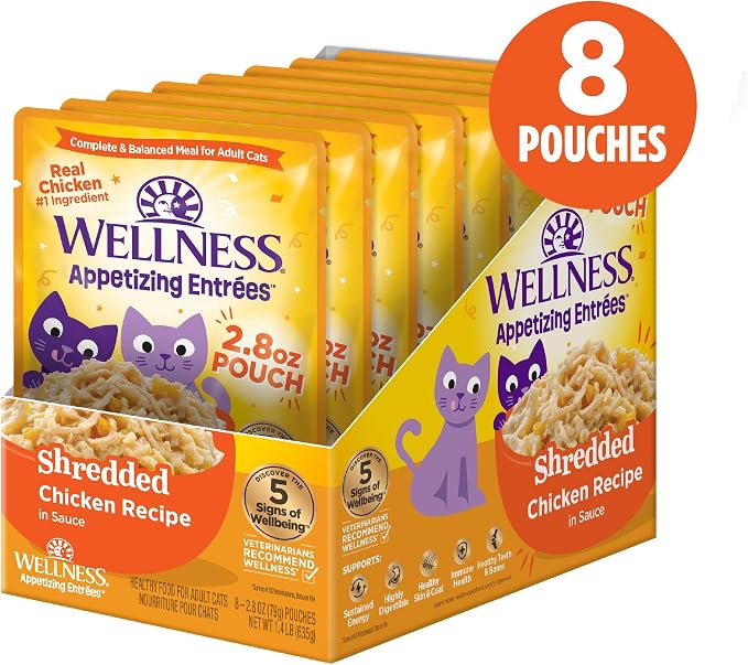 Wellness Appetizing Entrées Shredded Adult Wet Cat Food, Natural, Protein Rich, Grain Free, Chicken Recipe, 2.8 oz, Pack of 8 Pouches