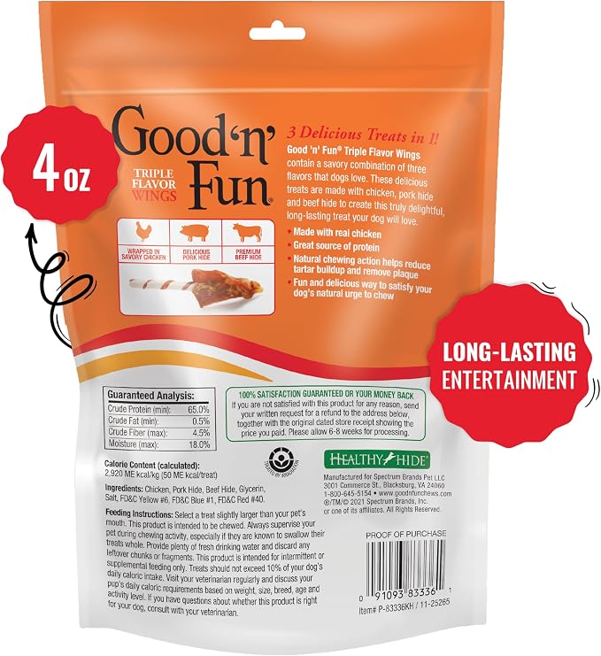 Good 'n' Fun Wings Long-Lasting Dog Treat, With Real Proteins, Premium Chicken and Beef Hide, Supports Dental Health, Mental Stimulation, 4 oz