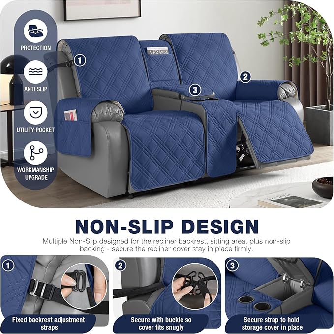 TAOCOCO Loveseat Recliner Cover with Center Console, 100% Waterproof Pet Cover for Dual Recliner with Straps Design, Split Reclining Loveseat Covers Furniture Pet&Kids Protector (2 Seater, Ocean Blue)