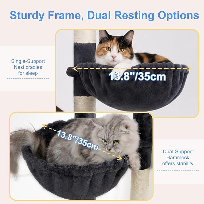 Heybly 68.1" Cat Tree with Oversized Top Platform & Wide Base, Heavy Duty Cat Tower for Large Indoor Cats with 2 Condos, 2 Hammocks, 10 Sisal Scratching Posts, Stable Cat House, Smoky Gray HCT059G
