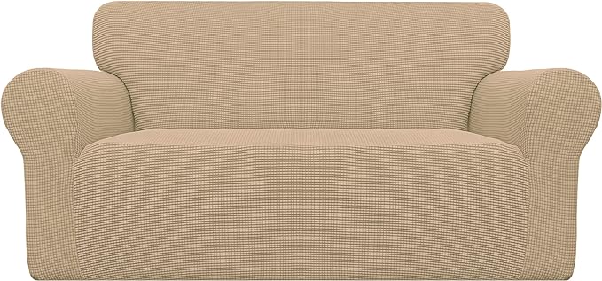 Easy-Going Stretch Loveseat Slipcover 1-Piece Sofa Cover Furniture Protector Couch Soft with Elastic Bottom for Kids Polyester Spandex Jacquard Fabric Small Checks (Loveseat, Sand)