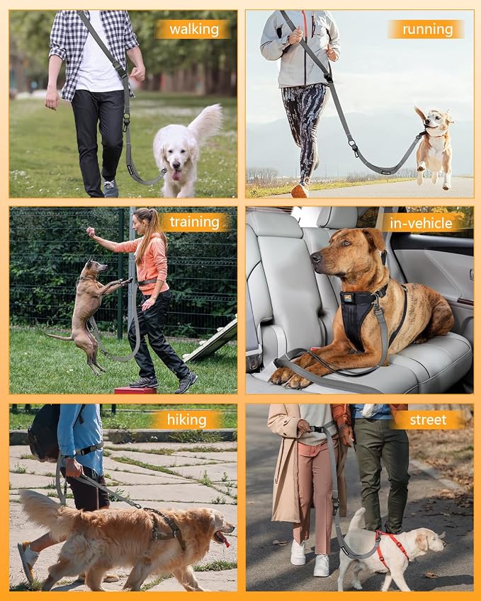 Hands Free Dog Leash & Car Seatbelt, 5.3-7.9ft Crossbody Dog Belt with Dual Soft Handles, Shock-Absorbing, 360° Clip, Reflective Design for Walking, Running, Hiking, Travel. (Gery)