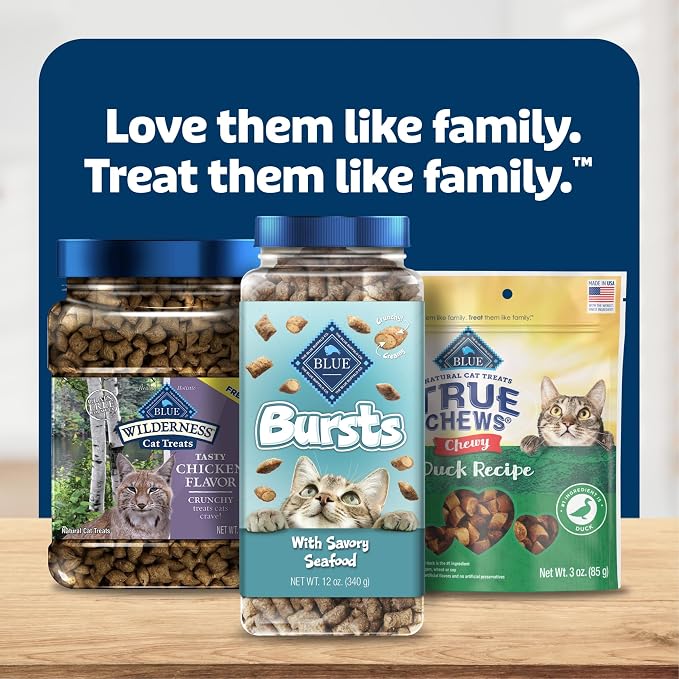 Blue Buffalo Bursts Savory Seafood Crunchy & Creamy Cat Treats, Great for Training, Real Salmon Natural Cat Treats Enhanced with Vitamins, Minerals & Other Nutrients, Tub 12 oz.