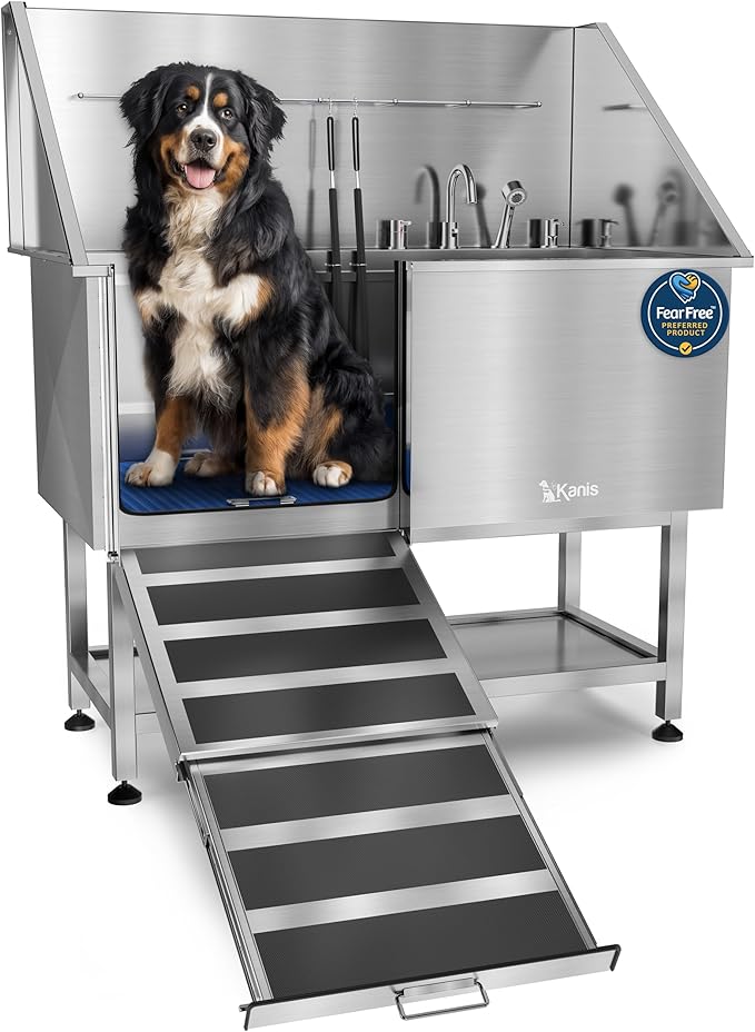 KANIS Professional Dog Washing Station 304 Stainless Steel Pet Wash Sink & Grooming Bathtub w/Shower, Floor Grates and Storage for Large, Medium & Small Pets (Silver, 50 Inches, Left Ramp, Shelf)