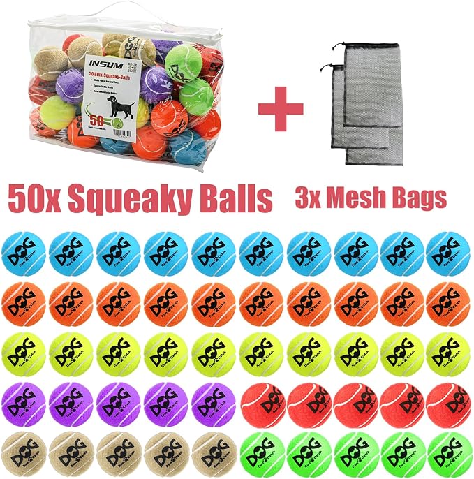 INSUM Squeaky Tennis Balls for Dogs - Bulk 50 Pack 2.5'' Durable Non-Toxic Outdoor Dog Toys Balls with Mesh Bag, SGS Certified, Colorful Fetch Toys, Medium Large Breeds