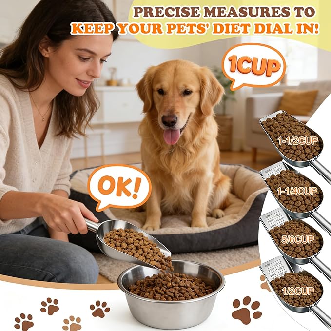Mity rain Dog Food Scoop Stainless Steel with Long Handle, Precise Dog Food Measuring Cup 1.5, 1 1/4, 1, 3/4, 1/2 Cup, Pet Scoop for Cats, Rabbits, Animals, Metal Spoon for Dog Food Storage (2CUP)