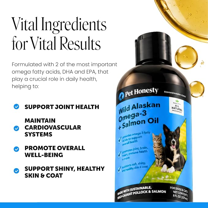 Wild Alaskan Omega-3 & Salmon Oil for Dogs and Cats - 100% Pure Natural Fish Oil for Skin & Coat Health, Shedding & Itch Relief - EPA DHA Fatty Acids for Joint Support & Heart - 8 oz