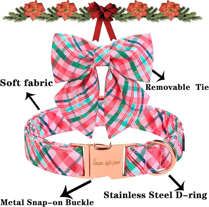 Unique style paws Dog Collar with Tie Pink & Green Plaid Dog Collar Best Gifts for Small Medium Large Dogs -S