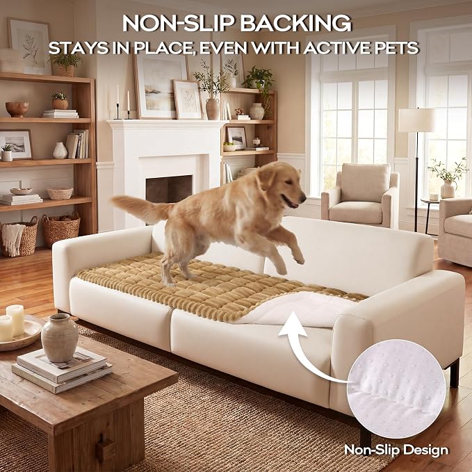 decorUhome Non-Slip Fuzzy Couch Cover for Dogs, Soft Thick Washable Pet-Friendly Protector, Sofa Slipcover for 3 Cushion Couch Sofa, Camel, 27.6" x 88"