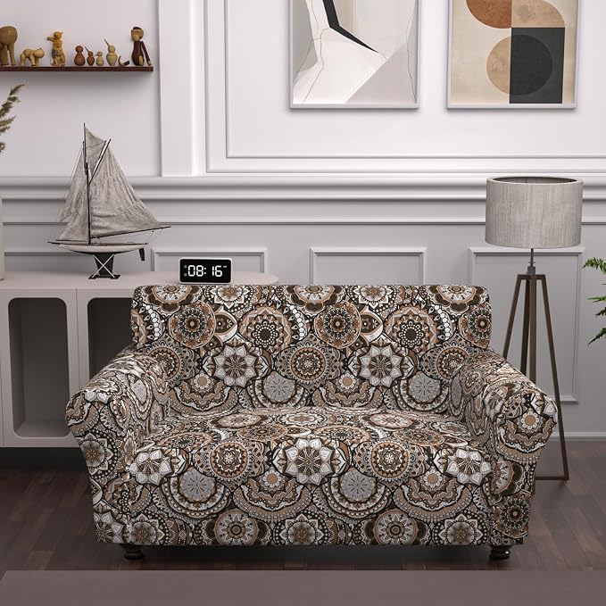 Stretch Loveseat Cover Sofa Slipcover for 2 Cushion Couch,Printed 1-Piece Sofa Cover Furniture Protector Couch with Elastic Bottom for Kids,Dog(Loveseat,A-Round Flower)