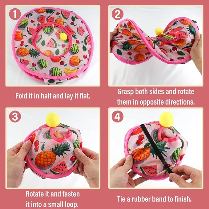 Andiker Small Cat Tents for Indoor Cats, Summer Fruit Patten 15" Foldable Cat Tube with 1 Plush Ball and 3 Holes Kitten Hide-and-Seek Toy to Relieve Boredom Also for Kitten Rabbits (Pink)
