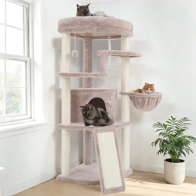 Gitelsnour Corner Cat Tree for Indoor Cats, Cat Tower with All Sisal Scratching Posts, Multi-Level Cat Condo wth Cat Cave, Large Top Perch, Hanging Basket, Sisal Scratching Ramp, Mushroom GCT025MU