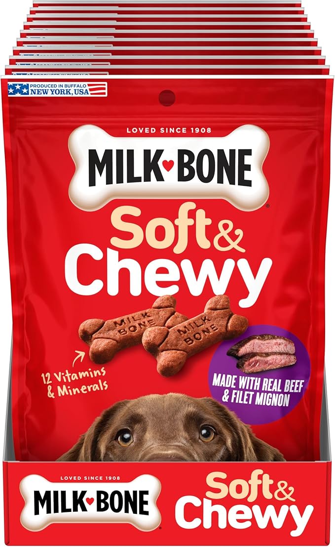 Milk-Bone Soft & Chewy Dog Treats, Made with Real Beef & Filet Mignon, 5.6 Ounce Pouch (Pack of 10)