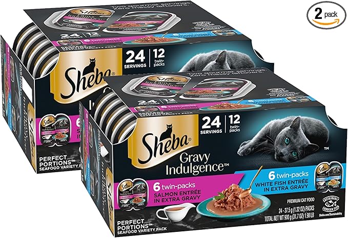 Sheba Gravy Indulgence Adult Wet Cat Food Salmon Entree in Extra Gravy and White Fish Entree Variety Pack, 2.6 oz. Twin-Pack Trays, (12 Count, 24 Servings) (Pack of 2)