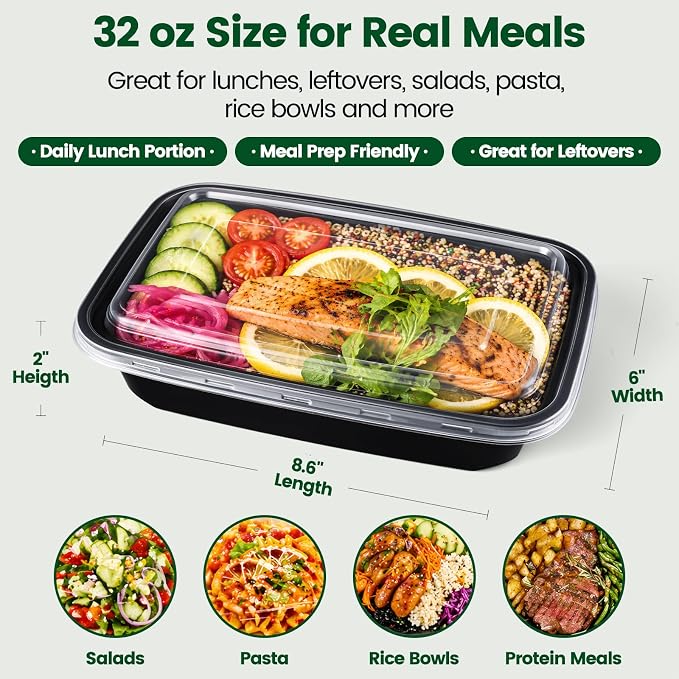 Meal Prep Containers with Lids 32oz-50 Pack & Free 50 Forks Individually Wrapped, Disposable Food Storage Containers BPA Free, Leak-Resistant, Microwave & Freezer Safe for Salad,Lunch,Take out,Togo
