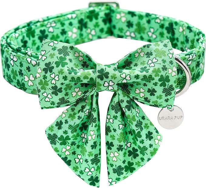 St. Patrick's Dog Collar with Bow Tie, Cotton St. Patrick's Bowtie Collar for Medium Girl Boy Dog, Lucky Shamrock Dog Collar with Metal Buckle, Green, Spring, M