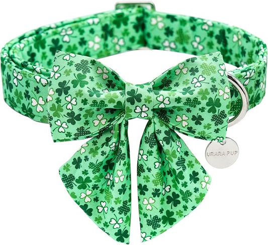 St. Patrick's Dog Collar with Bow Tie, Cotton St. Patrick's Bowtie Collar for Large Girl Boy Dog, Lucky Shamrock Dog Collar with Metal Buckle, Green, Spring, L