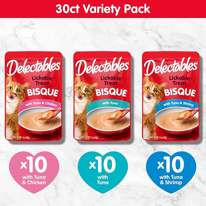 Delectables Lickable Treat Bisque Wet Cat Treat Variety Pack, Food Topper, Hydrating, Grain-Free, No Fillers, No By-Products, No Added Preservatives, 1.4oz Pouch, 30ct