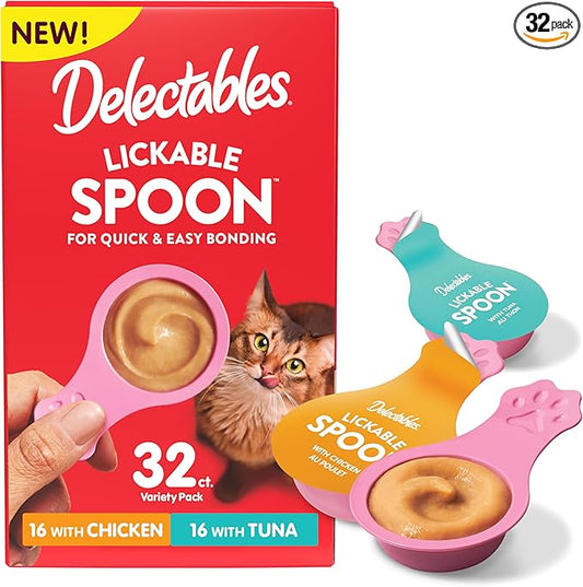 Delectables Lickable Spoon Handheld Wet Cat Treats Made with Real Chicken & Tuna, Creamy Puree, Mess Free, Quick & Easy, Grain-Free, No Added Fillers, No Added Preservatives, Variety Pack, 32ct